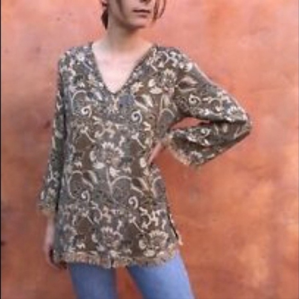 Soft Surroundings Vintage Long Tunic Top Tapestry Fringe Women's Medium M EUC